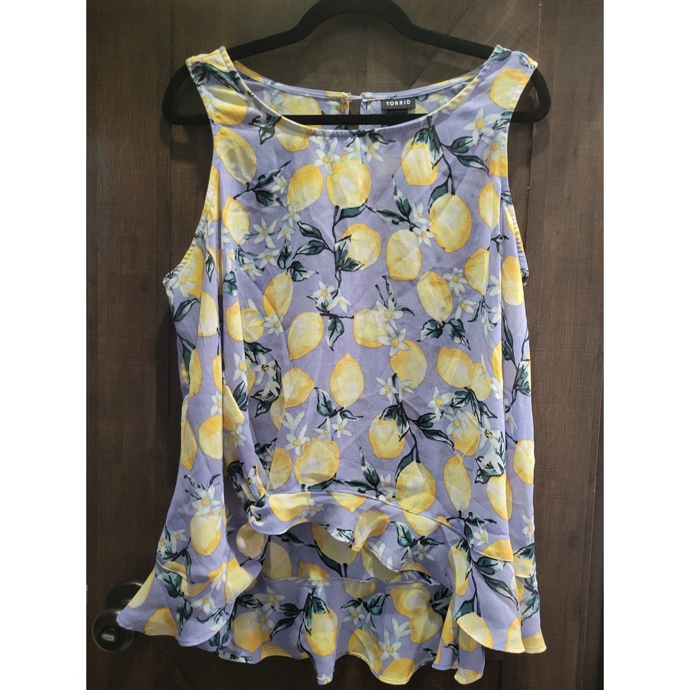 Torrid Lemon Floral Print Faux Wrap Ruffle Hem Sleeveless Blouse Purple Size 00